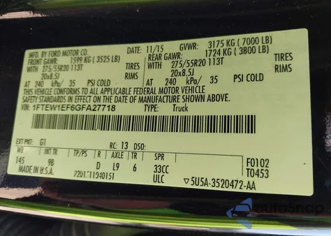 2016 Ford F-150 Platinum from USA, damaged, VIN 1FTEW1EF6GFA27718